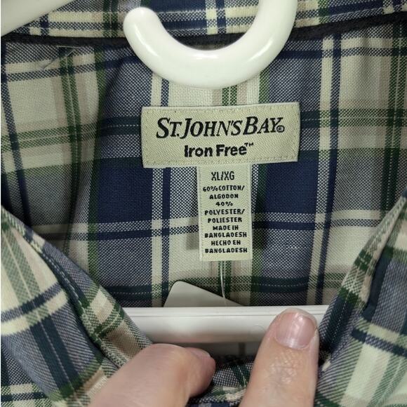 St Johns Bay Shirt Mens Extra Large Button Down Blue Plaid Iron Free Oxford NWT - Picture 7 of 8